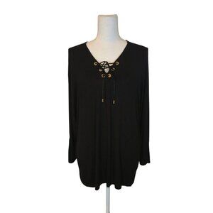 Calvin Klein Corset Style Lace Up Top Black Knit Gold Detail Bat Wing